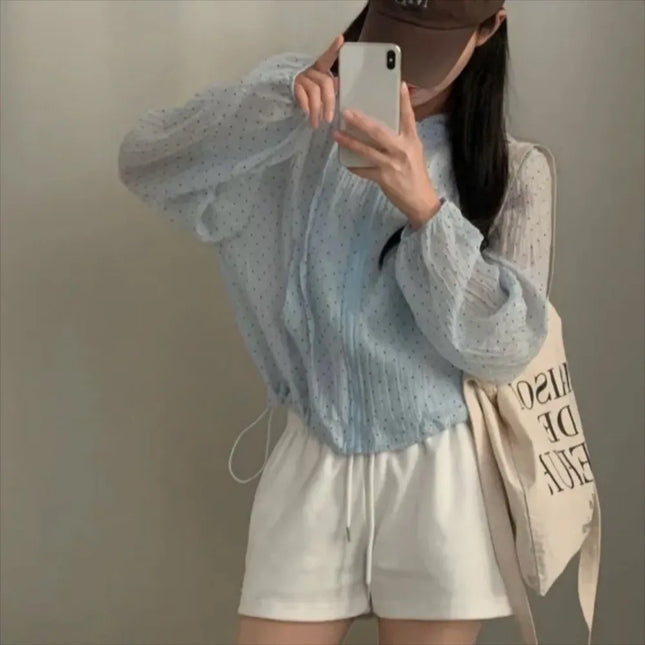 Summer Polka Dot Sun Protection Jacket Loose Fit Thin Hooded Jacket Long Bubble Sleeve Breathable Quick Dry Jacket