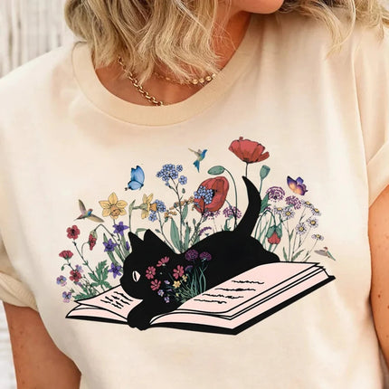 Floral Cat Shirt, Cat Lover T-shirt, Cat Book Shirt, Cat Lover Gift, Gift for Her, Cat Mom Shirt Gift, Cute Cat Shirts, Cute Boo