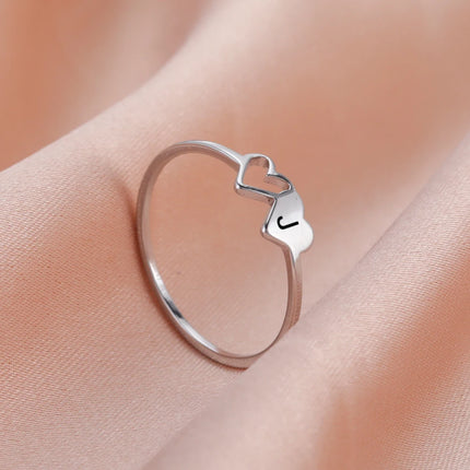 COOLTIME Initial Letter Ring for Women Stainless Steel A-Z Alphabet Double Heart Rings Fashion Wedding Anniversary Birthday Gift