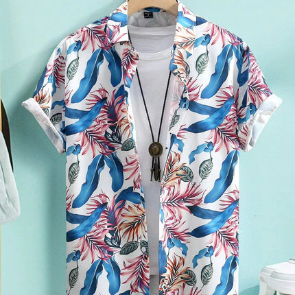 Hawaiian Botanical Flower Print Men's and Women's Short Sleeve Lapel Seaside Button-Down Shirt Top Casual Fashionable Shirts