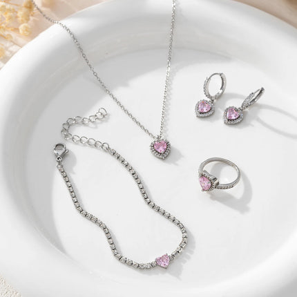 Charm Simple Cube Zirconia Love Design Pendant Necklace Ring Earrings Bracelet Set Banquet Jewelry