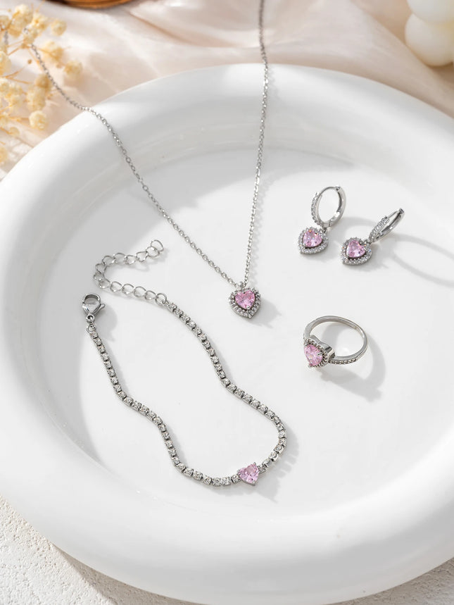 Charm Simple Cube Zirconia Love Design Pendant Necklace Ring Earrings Bracelet Set Banquet Jewelry