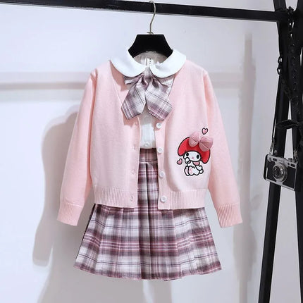 New Sanrio Cute Kuromi My Melody Cardigan Jacket Long Sleeve Shirt Pleated Skirt Preppy Style Jacket Three Piece Set Wholesale