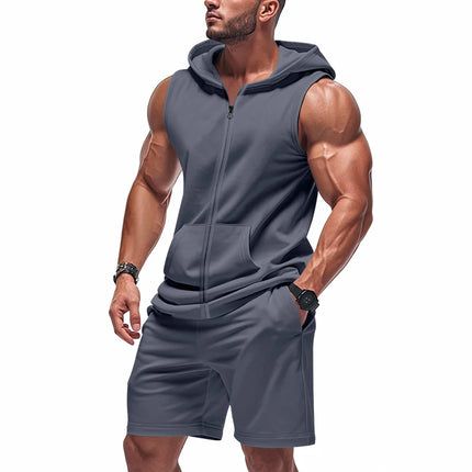 Men's Suit Sleeveless Hoodie Two-Piece Set | Fitness Training Zipper Hoodie Vest & Loose Drawstring Shorts Set (Multiple Colors)