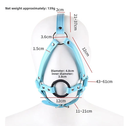 Adjustable O-Ring Mouth Gag Head Harness Blue PU Leather Bondage Restraint Slave Adult Sex Toy for Couples Fetish Role Play Kit