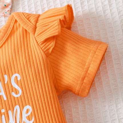 0-2 Year Old Newborn Girl Baby Summer Cotton Short Sleeved Headband Top With Letter Print Shorts Bow Three Piece Set