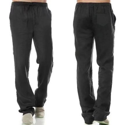 Men's Cotton Linen Trousers Men's Autumn New Breathable Leisure Solid Colour Drawstring Elastic Waist Running Trousers