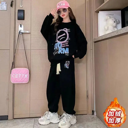2025 autumn winter girl cloth bear letters loose velvet sweatshirt t shirt top + ankle tied pant teens child set 4 10 12 15 year