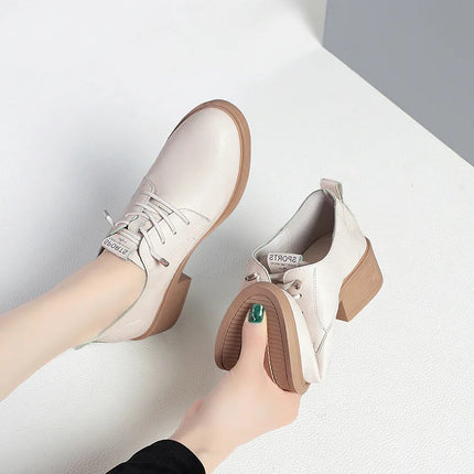 British Style Spring Autumn Women's Round-Toe Square-Heel Slip-On Office Pumps for Work or Parties, Comfortable Soft Leather 2024