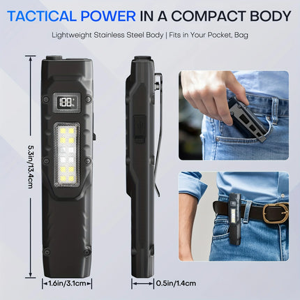 EDC Tactical Flashlight,1100Lm Rechargeable Led Flat Flashlight w/Clip & Digital Display,Pocket Flashlight For Camping Emergency
