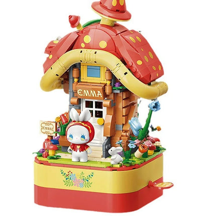 JAKI block music box Mushroom house Cherry blossom tree 3D stereoscopic painting creative decoration children's block toys