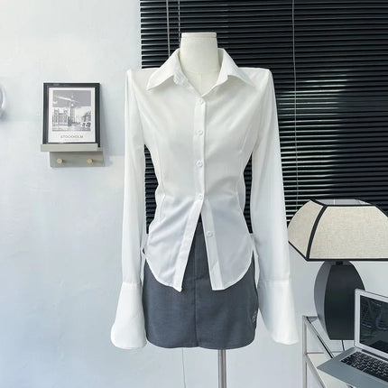 White Shirt Women Tops Korean Long Sleeve Blouses Lace Up Button Up Shirt Office Lady Black Fashion Slim Turn-Down Collar Blouse