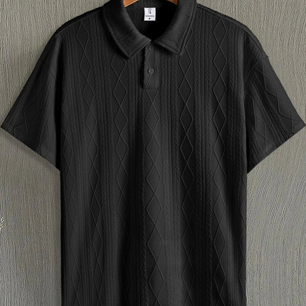 Men's Beige Argyle Texture Short Sleeve Polo Shirt Summer Loose Smart Casual Top