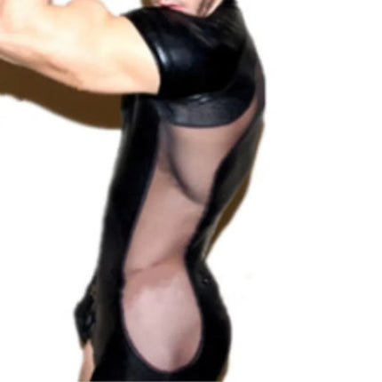 Men's PU Faux Leather Mesh Shaper Bodysuit Sexy Tight Body Underwear Casual Zipper Wrestling Leotard Singlet Shaper for Men