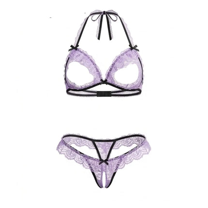 2pcs T-pant Lace Ruffle Lingerie Set bikini open cup bra sexy Crotchless underwear Halter lingerie erotic Halter Neck Bra