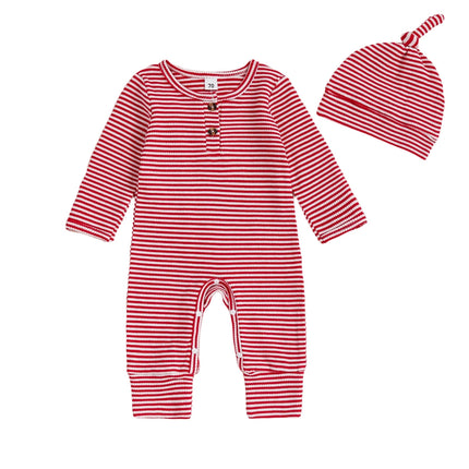 Infant Baby Fall Clothes Romper Stripe Print Long Sleeve Round Neck Full Length Jumpsuit with Hat 2 Pcs Set 0-9m