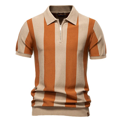 New Summer Lapel Short Sleeve Knitted Polo Shirt, European Size Men's Striped Polo, Trendy Men's Short Sleeve Top