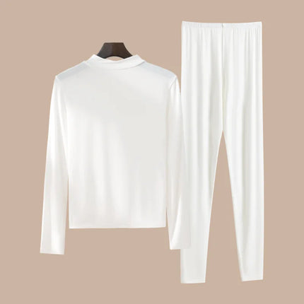 Women's Autumn Winter Thin Warm Set Long-Sleeved T-Shirt + Long Pants Plus Size Semi-Turtleneck Fitted Warm Underwear Sets