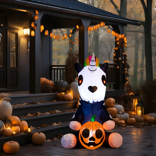 5 FT Tall Skeleton Unicorn Halloween Inflatables Skeleton Decor Outdoor Blow Up Decorations Sitting Skeleton Unicorn with LEDs for Halloween Decorations Outside Yard Decor