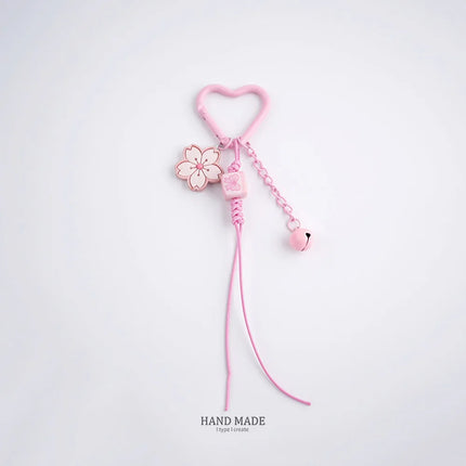 Cute Cherry Blossoms Pendant Keychain Creativity Heart Shape Beaded Woven Rope Small Bell Design Bag Hanging Piece Gift A227