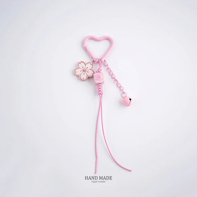 Cute Cherry Blossoms Pendant Keychain Creativity Heart Shape Beaded Woven Rope Small Bell Design Bag Hanging Piece Gift A227