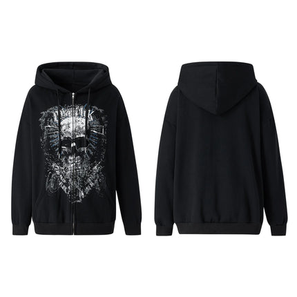 Combhasaki Women Y2K Vintage Grunge Gothic Loose Coat Long Sleeve Skull Print Sweatshirt Outwear with Pocket Jacket with Zipper