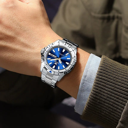 OLEVS Men's Watches Luxury Diving Series Stainless Steel Waterproof Luminous Dual Calendar Fashion Quartz Wristwatch for Men