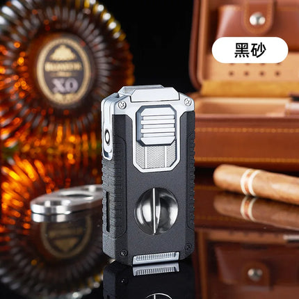 Portable Multi-function Jet Lighter with V-shaped Cigar Cutter Cigar Cigarette Holder Men's Cigarette Lighter, Gentleman's Taste