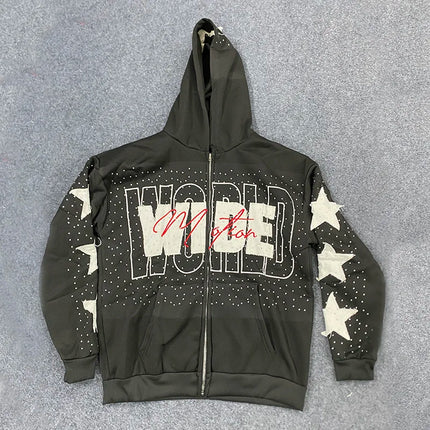 American Casual Sweatshirt Letters Patchwork Women Hoodies Autumn Winter High Street Stars Rhinestone Print Harajuku Zipper Top