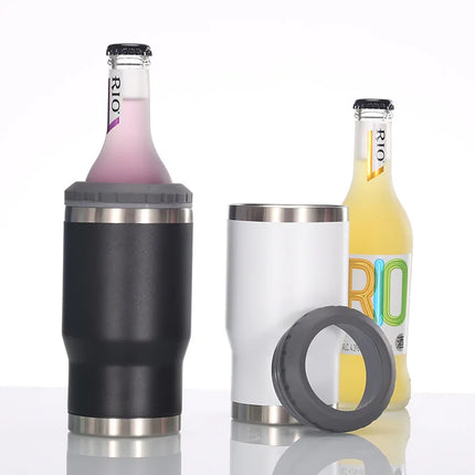 4 in 1 Travel Mug and Can Cooler Insulated for 12 oz Cans and Beer Bottle. Universal Cool Summer Ice Bottle Cup With 2 Lids