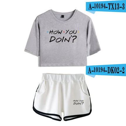 Fashion Youthful Trendy Show I'll Be There for You Short Sleeve Shorts+lovely T-shirts Dew navel Girl suits Two Piece Set