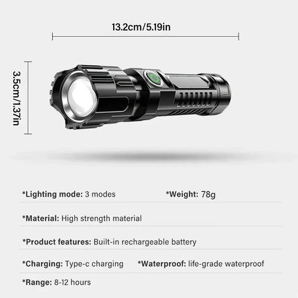 Super Bright LED Flashlight USB Rechargeable Torch with Built-in Battery Telescopic Zoom Lantern for Outdoor Hiking Fishing