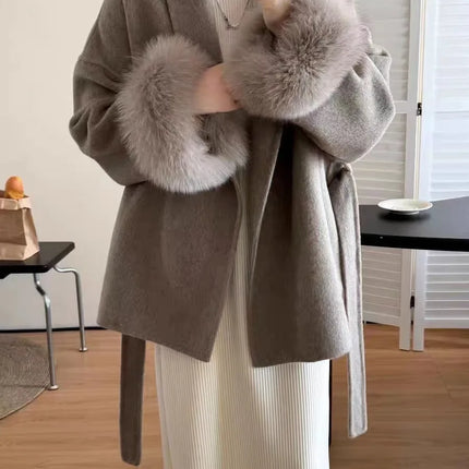 DFDG Short Lace-Up Lapel Cashmere Wool Coat for Women's Fashion Temperament 2024 Autumn and Winter New Collection