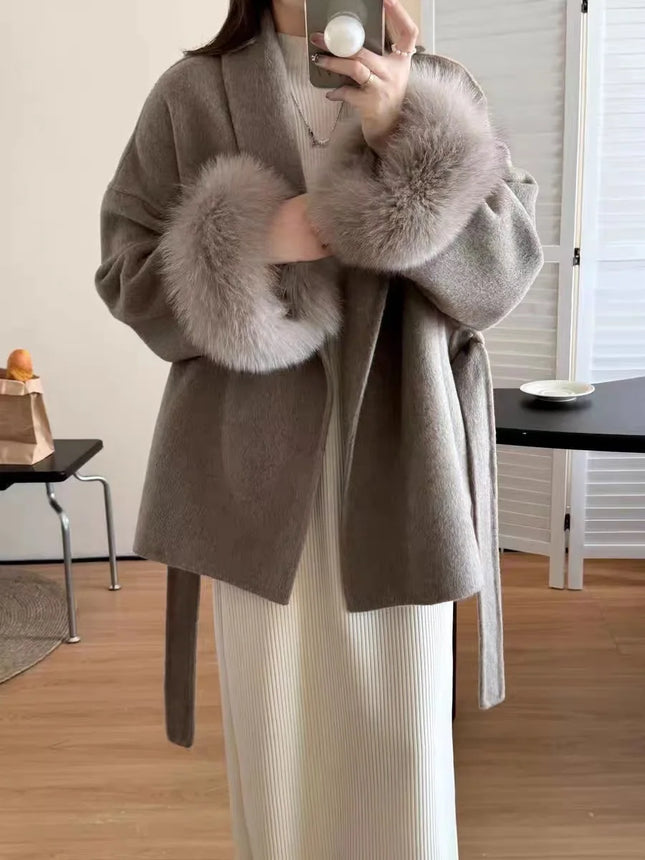 DFDG Short Lace-Up Lapel Cashmere Wool Coat for Women's Fashion Temperament 2024 Autumn and Winter New Collection