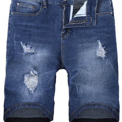 Men's denim shorts with summer frayed elastic men's casual pants slim-fit European-style shorts tight and worn-out men's pants
