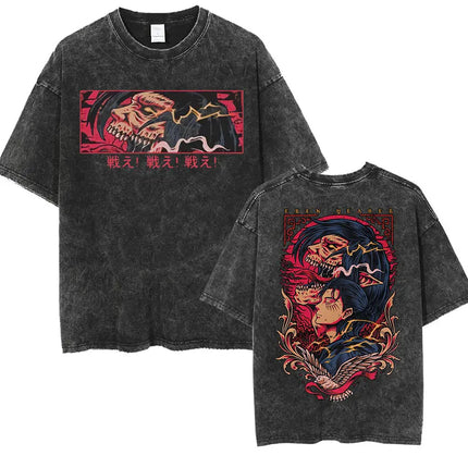 Anime Attack on Titan Vintage Washed Print T-shirt Mikasa Ackerman Eren Jaeger Wings of Freedom Logo Men's Summer Cotton T-shirts