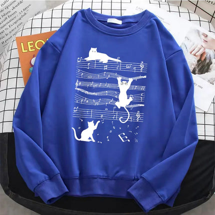 Japanese Style Music Cat Womens Solid Hoodies Basic Warm Fleece Sweatshirt Soft Streetwear O-Neck Pullover Casual Female Clothes