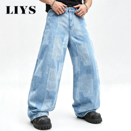 LIYS Men's Geometric Grid Jacquard Beggar Cloth Loose Wide Leg Jeans Retro Street Denim Pants Suitable for Work Casual Wear