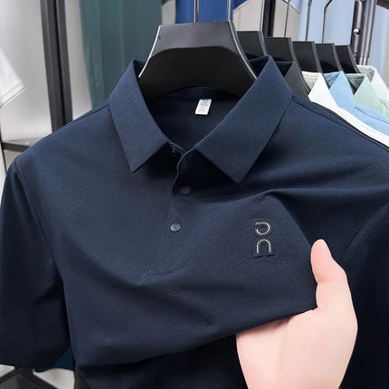 High Quality Man Spring New Short-Sleeved Polo Shirt Letter Print Lapel Button Hot Polo Shirt Business Casual Ice Silk Men'sWear