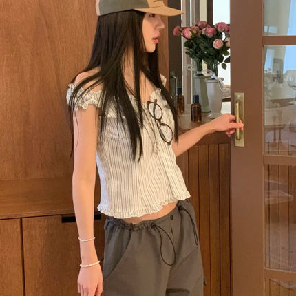 Korean Sle ort Striped Vest Women Summer Outerwear Subtle Design Single Button Lobone Trendy Age-Defng Top