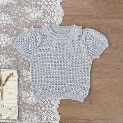 2026 Summer Casual Children Knit Blouse Girls Scalloped Neck Puff Sleeve Openwork Top Soft Lightweight Gentle Tee