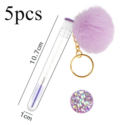 5pcs Gold Keychain Tube Eyelash Brush Eyebrow Comb Microbrush Lash Extension Micro Brushes Makeup Tool Fluffy Fur Ball Decorate