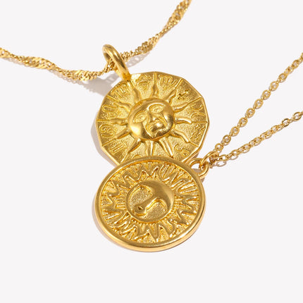 E.B.belle Creative Design Casting Stereoscopic Coin Necklace Stainless Steel Gold Color 12 Zodiac Sign Sun Necklace For Women