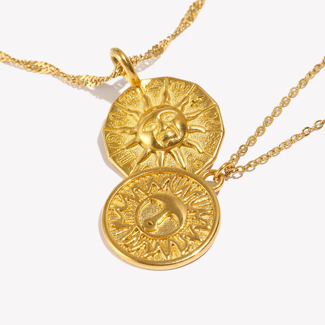 E.B.belle Creative Design Casting Stereoscopic Coin Necklace Stainless Steel Gold Color 12 Zodiac Sign Sun Necklace For Women
