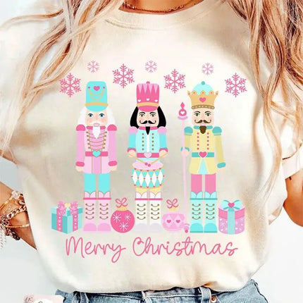 Christmas T-Shirts Pink Winter Christmas Nutcracker Soldier T-Shirt Fashion Casual Blouse Printed Round Neck Short Sleeve Unisex