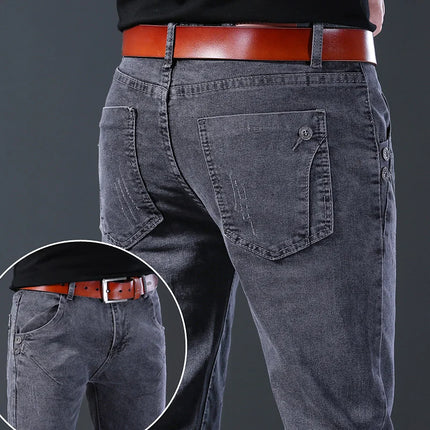 Men's Fashion Letters Denim Pants Slim Straight Gentleman Slacks Fashion European American Style Stretch Men Luxury Jeans Grey