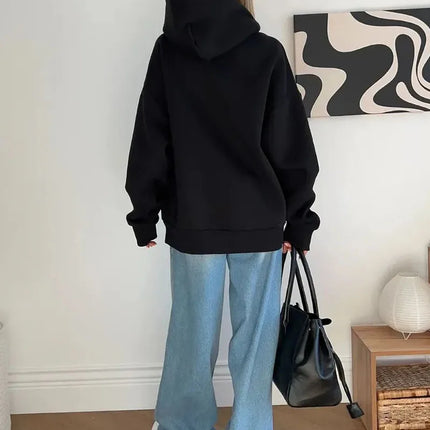 Women Oversized Zip Up Hoodie Solid Black Loose Full Zipper Hooded Sweatshirt Casual Pocket Streetwear Soft Thick Hooded Jacket