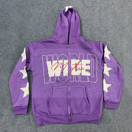 American Casual Sweatshirt Letters Patchwork Women Hoodies Autumn Winter High Street Stars Rhinestone Print Harajuku Zipper Top