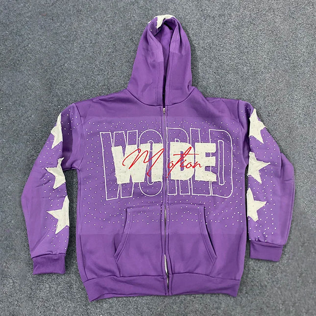 American Casual Sweatshirt Letters Patchwork Women Hoodies Autumn Winter High Street Stars Rhinestone Print Harajuku Zipper Top