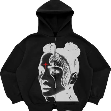 Street sports zipper printed cardigan 2024 new street trend hooded sweatshirt fashion men's Y2K loose retro pocket sweatshirt
